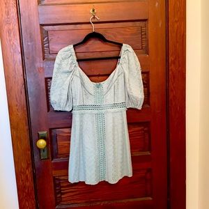 NWT. Sage green mini dress, puff sleeves. Flirty, boho, sundress, vacation